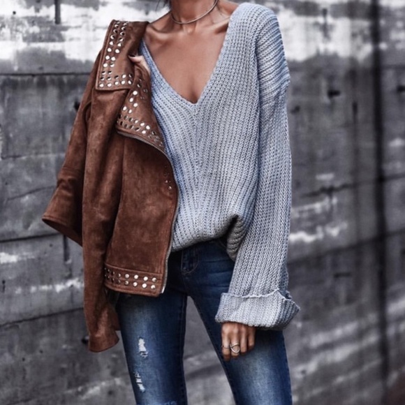 Sweaters - 022 Cozy Grey V neck Cuff Sleeve Oversized Sweater Top